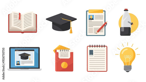 Flat lay composition of educational icons including books, graduation cap, and learning symbols on a clean white background with a minimalist style and bright colors.