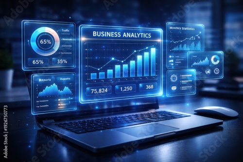 Wallpaper Mural Modern business analytics dashboard on laptop screen with glowing graphs Torontodigital.ca