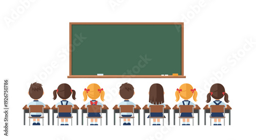 Seven students in school uniforms sit at wooden desks facing a large green chalkboard with wooden trim on a white background.