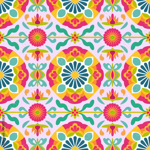 vector seamless repeating rangoli pattern in flat vector style. The design features symmetrical geometric shapes, floral motifs, peacocks, lotus flowers, and traditional oil lamps (divas).