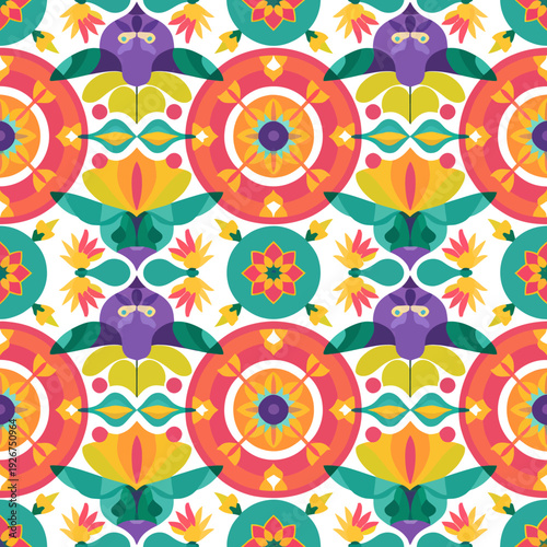 vector seamless repeating rangoli pattern in flat vector style. The design features symmetrical geometric shapes, floral motifs, peacocks, lotus flowers, and traditional oil lamps (divas).