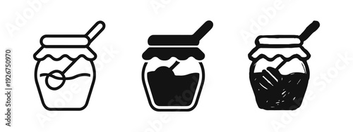 Honey jar icons set. Hand drawn outline, filled, and doodle style honey pots with dippers. Sweet natural food symbols.