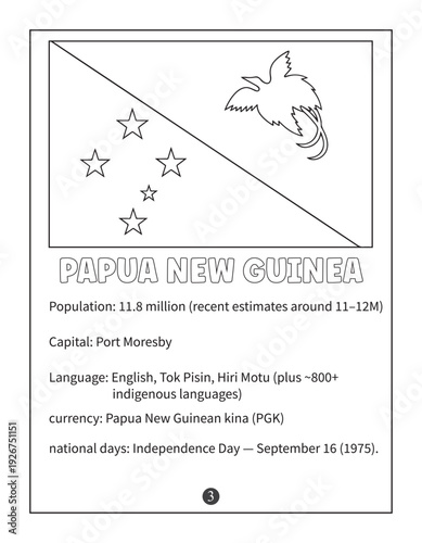 Papua New Guinea Flag Coloring Page with Country Facts and Information Worksheet