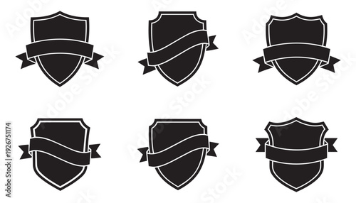 Classic heraldry shield logos with curved banner elements