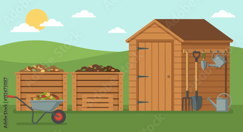 Wooden compost bins and a garden shed with tools sit in a lush green backyard on a sunny day, illustrating the concept of composting and recycling