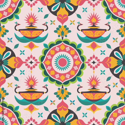 vector seamless repeating rangoli pattern in flat vector style. The design features symmetrical geometric shapes, floral motifs, peacocks, lotus flowers, and traditional oil lamps (divas).