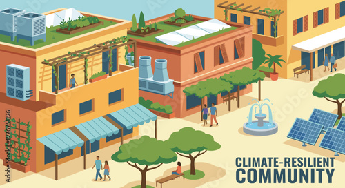 Isometric illustration of a sustainable green city with rooftop gardens, solar panels, and people walking in a pedestrian-friendly community focused on climate resilience and eco living