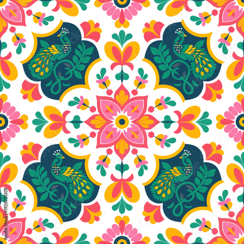 vector seamless repeating rangoli pattern in flat vector style. The design features symmetrical geometric shapes, floral motifs, peacocks, lotus flowers, and traditional oil lamps (divas).