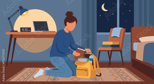 Young woman is carefully packing her yellow backpack with a book and other essentials on the floor of her cozy bedroom at night, preparing for a trip or the next day