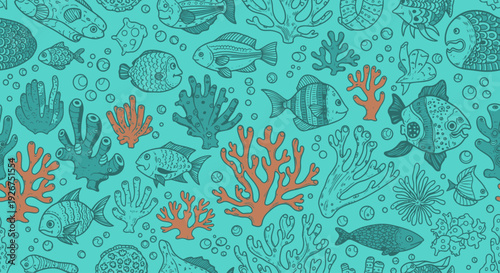 Seamless hand drawn pattern with fish and coral reef elements in an underwater world.