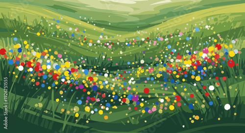 Vibrant wildflower field and rolling green hills in impressionist art style