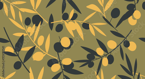 Minimalist seamless pattern with olive branches and fruits in flat design style.