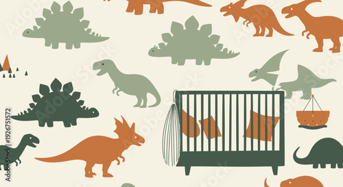 Cute dinosaur nursery wallpaper pattern with baby crib in earthy tones
