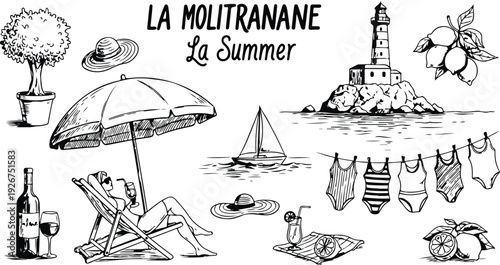 Italian summer vacation doodle style illustration set. Vector ink hand drawn Italy coast sea or beach print elements. Coastal weekend rest collection for invitations to beach party, picnic, wedding