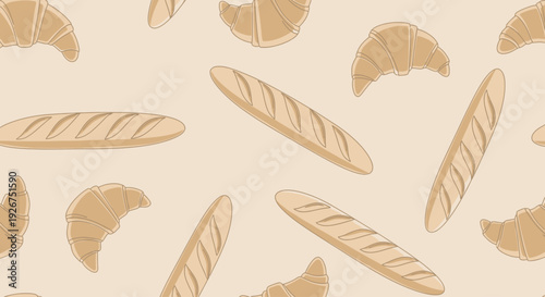 Seamless pattern with fresh croissants and French baguettes illustration