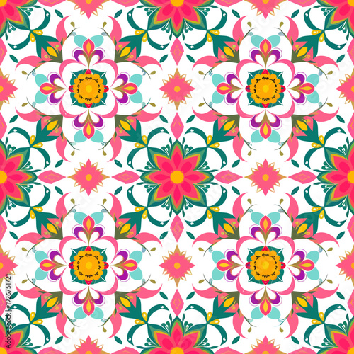 vector seamless repeating rangoli pattern in flat vector style. The design features symmetrical geometric shapes, floral motifs, peacocks, lotus flowers, and traditional oil lamps (divas).