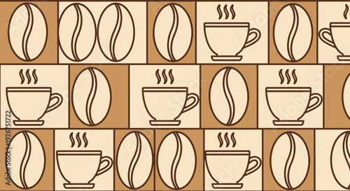 Seamless vector pattern featuring coffee beans and hot coffee cups in brown and cream colors