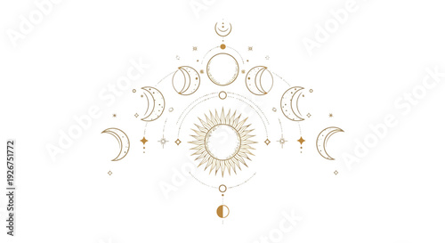 Celestial moon phases and golden sun mystical astrology design on white