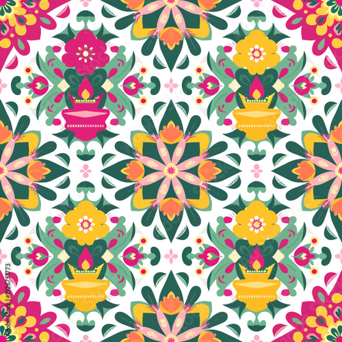 vector seamless repeating rangoli pattern in flat vector style. The design features symmetrical geometric shapes, floral motifs, peacocks, lotus flowers, and traditional oil lamps (divas).