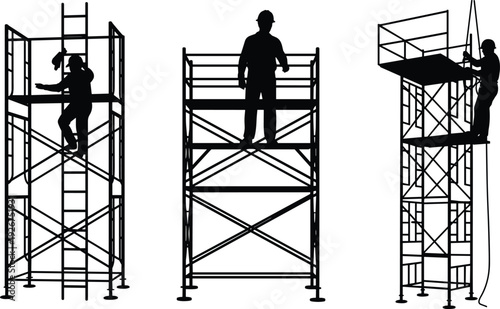 Construction workers on scaffolding platforms installing safety rails and climbing ladders, industrial maintenance, occupational safety, high work environment silhouette training