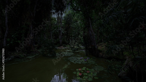 gnarled cypress trunk rising from dark water with textured bark, tangled roots and subtle reflection heavy canopy and damp air create primal, contemplative