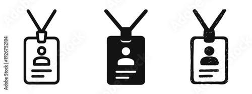 ID badge icon set in various styles: outline, glyph, and hand-drawn. Identification card symbols.
