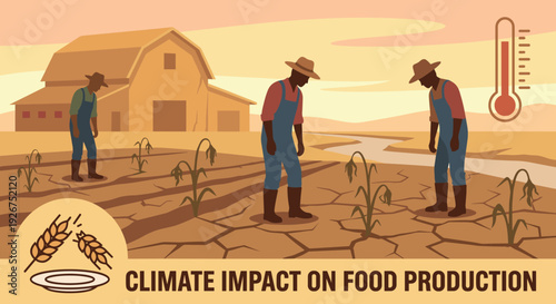 Two sad farmers standing in a parched field with withered crops and a thermometer showing high heat, a concept illustration of climate change impact on food production