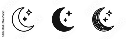 Moon and stars icon set in various styles: outline, glyph, and hand-drawn. Night sky and sleep symbols.