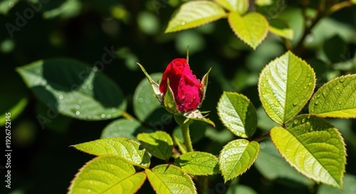 Crimson Rosebud Amidst Verdant Foliage in Natural Light.
