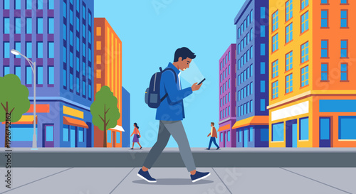 Young man with a backpack walking on a city sidewalk while looking at his glowing smartphone, with a colorful urban cityscape in the background