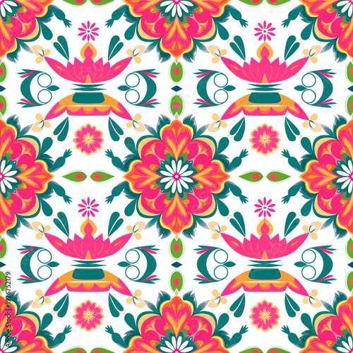 vector seamless repeating rangoli pattern in flat vector style. The design features symmetrical geometric shapes, floral motifs, peacocks, lotus flowers, and traditional oil lamps (divas).