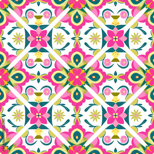 vector seamless repeating rangoli pattern in flat vector style. The design features symmetrical geometric shapes, floral motifs, peacocks, lotus flowers, and traditional oil lamps (divas).