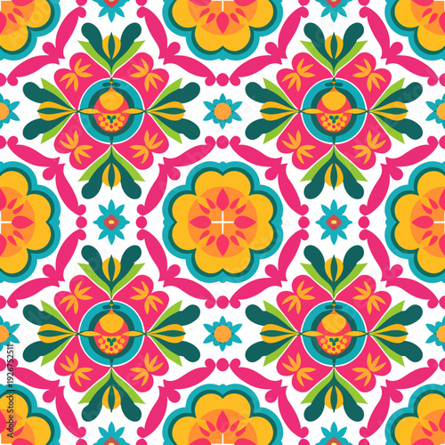 vector seamless repeating rangoli pattern in flat vector style. The design features symmetrical geometric shapes, floral motifs, peacocks, lotus flowers, and traditional oil lamps (divas).