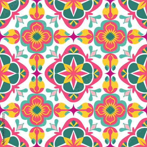 vector seamless repeating rangoli pattern in flat vector style. The design features symmetrical geometric shapes, floral motifs, peacocks, lotus flowers, and traditional oil lamps (divas).