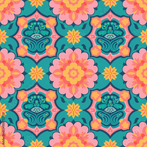vector seamless repeating rangoli pattern in flat vector style. The design features symmetrical geometric shapes, floral motifs, peacocks, lotus flowers, and traditional oil lamps (divas).