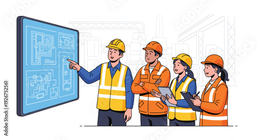 A group of four engineers wearing safety gear stands in profile while one man points at a large blue blueprint screen.