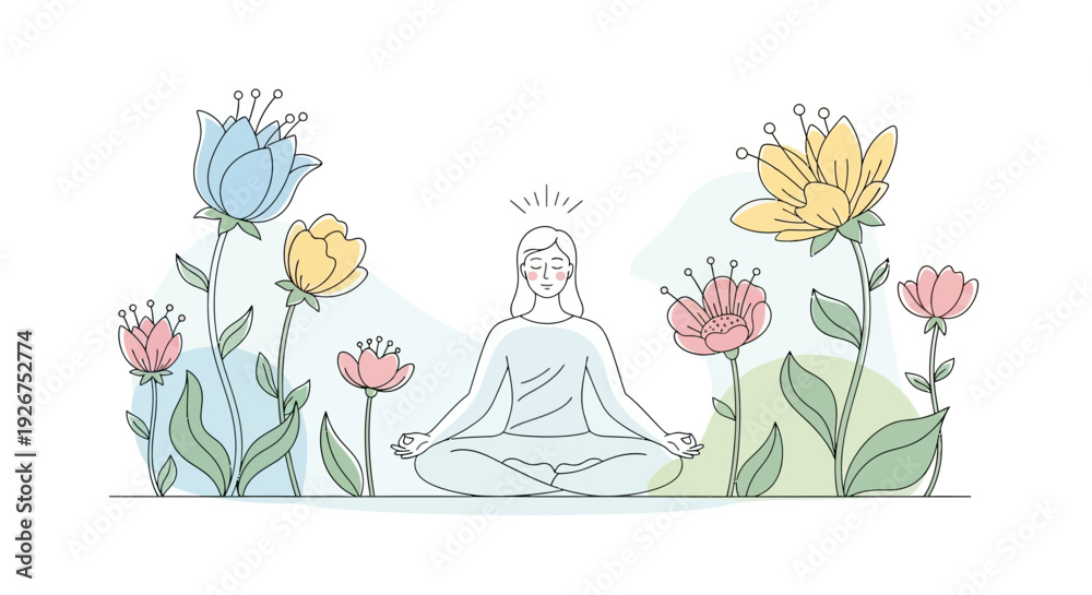 Obraz premium Peaceful Meditation and Mindfulness Concept Illustration with Woman Sitting in Lotus Pose Surrounded by Soft Floral Elements and Calm Natural Background Representing Wellness, Yoga Practice, Mental He