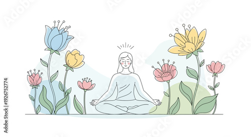 Peaceful Meditation and Mindfulness Concept Illustration with Woman Sitting in Lotus Pose Surrounded by Soft Floral Elements and Calm Natural Background Representing Wellness, Yoga Practice, Mental He