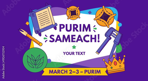Vibrant Purim celebration graphic with traditional elements and joyful text