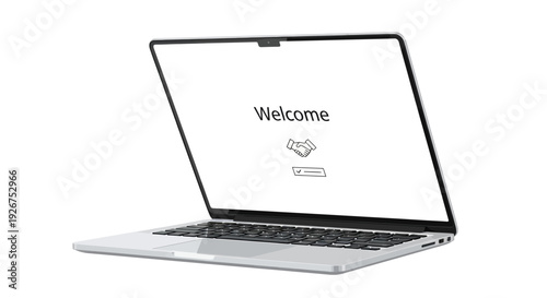 Open Laptop with Welcome Message on Screen Representing Website Landing Page, User Interface Design, Online Platform Introduction and Modern Digital Technology Concept Illustration
