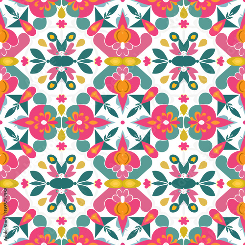 vector seamless repeating rangoli pattern in flat vector style. The design features symmetrical geometric shapes, floral motifs, peacocks, lotus flowers, and traditional oil lamps (divas).