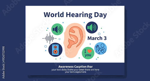 World Hearing Day awareness poster with ear and sound icons