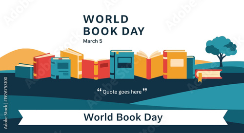 Colorful World Book Day illustration with books and tree