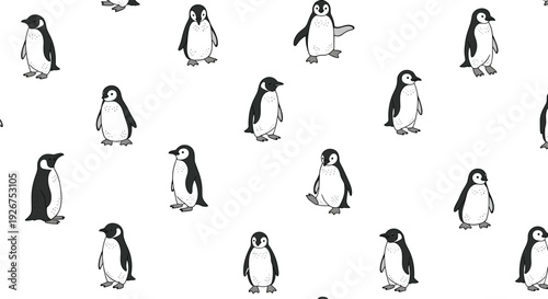 Hand drawn black and white penguins with stippled texture details are arranged in various walking and standing poses on a white surface.