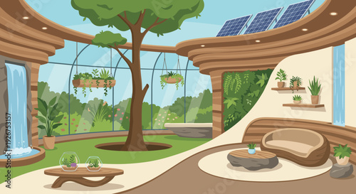 Futuristic eco-friendly house interior with a tree growing inside, a waterfall, solar panels, and organic furniture, showcasing sustainable living and biophilic design