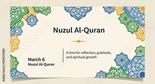 Nuzul Al-Quran celebration with colorful floral patterns and spiritual message
