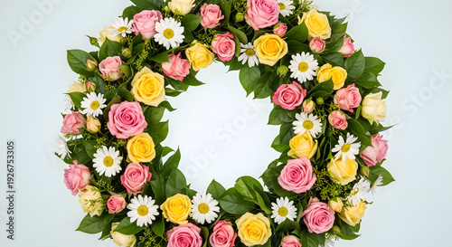 Floral wreath with pink roses yellow roses and daisies a beautiful circular arrangement for spring decoration wedding invitations or funeral tributes isolated on white