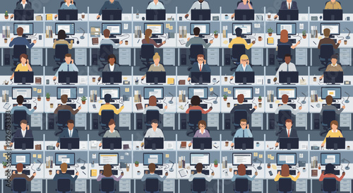 Large group of diverse office workers sitting at desks in cubicles and working on computers in a busy open-plan corporate environment, a flat design vector illustration