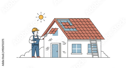 A cartoon construction worker in a yellow hard hat and blue overalls points at a red tiled roof on a white house under a sun.