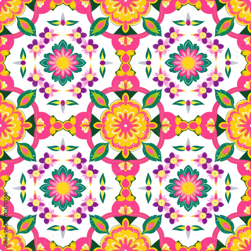 vector seamless repeating rangoli pattern in flat vector style. The design features symmetrical geometric shapes, floral motifs, peacocks, lotus flowers, and traditional oil lamps (divas).